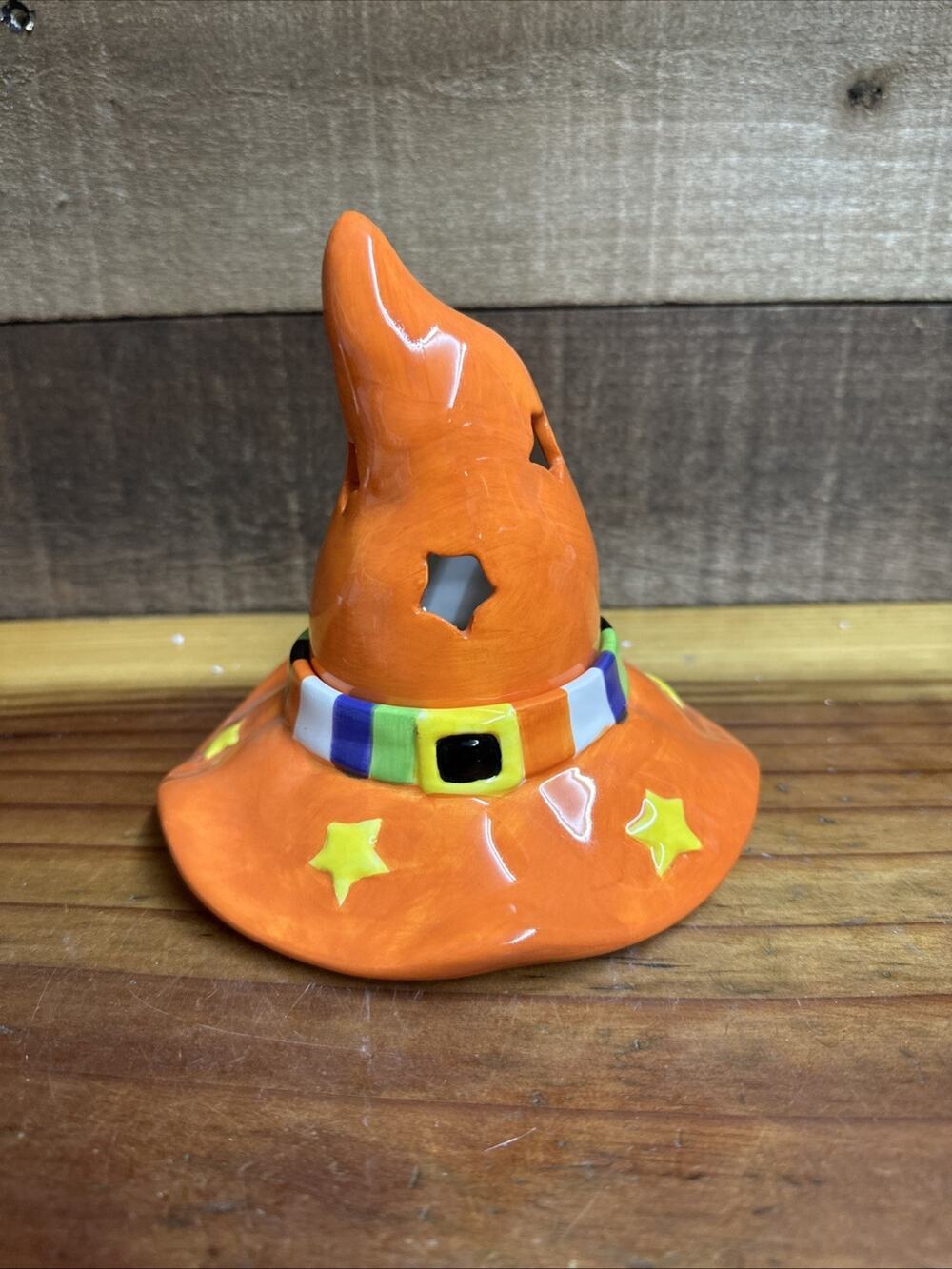Halloween Orange Witch Hat Candle Holder /Tea Light Holder Votive 5.5” In Box